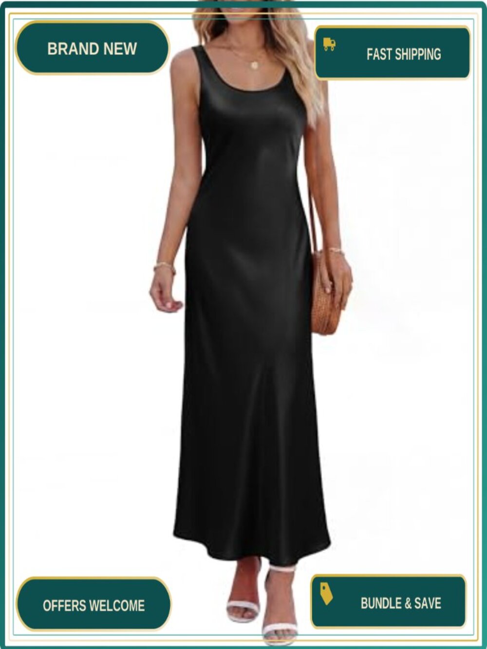 Womens Sleeveless Satin Maxi Tank Dress Scoop Neck Loose Fit Casual